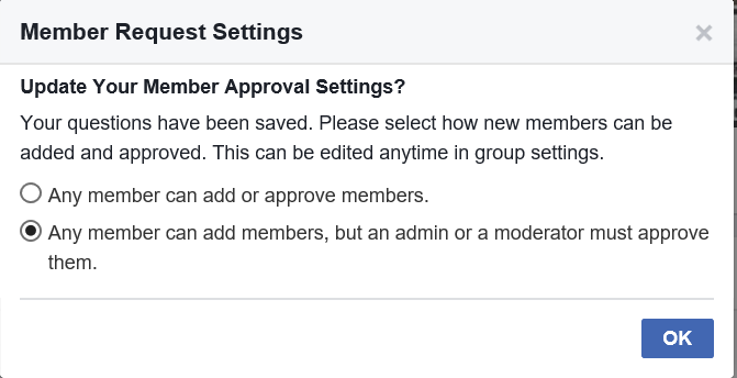 Screenshot of FunnelCake Social media facebook group showing member settings. 