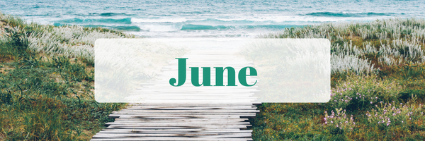 Wood dock stretching over sandy wild plants to beach. The word June printed in the center.