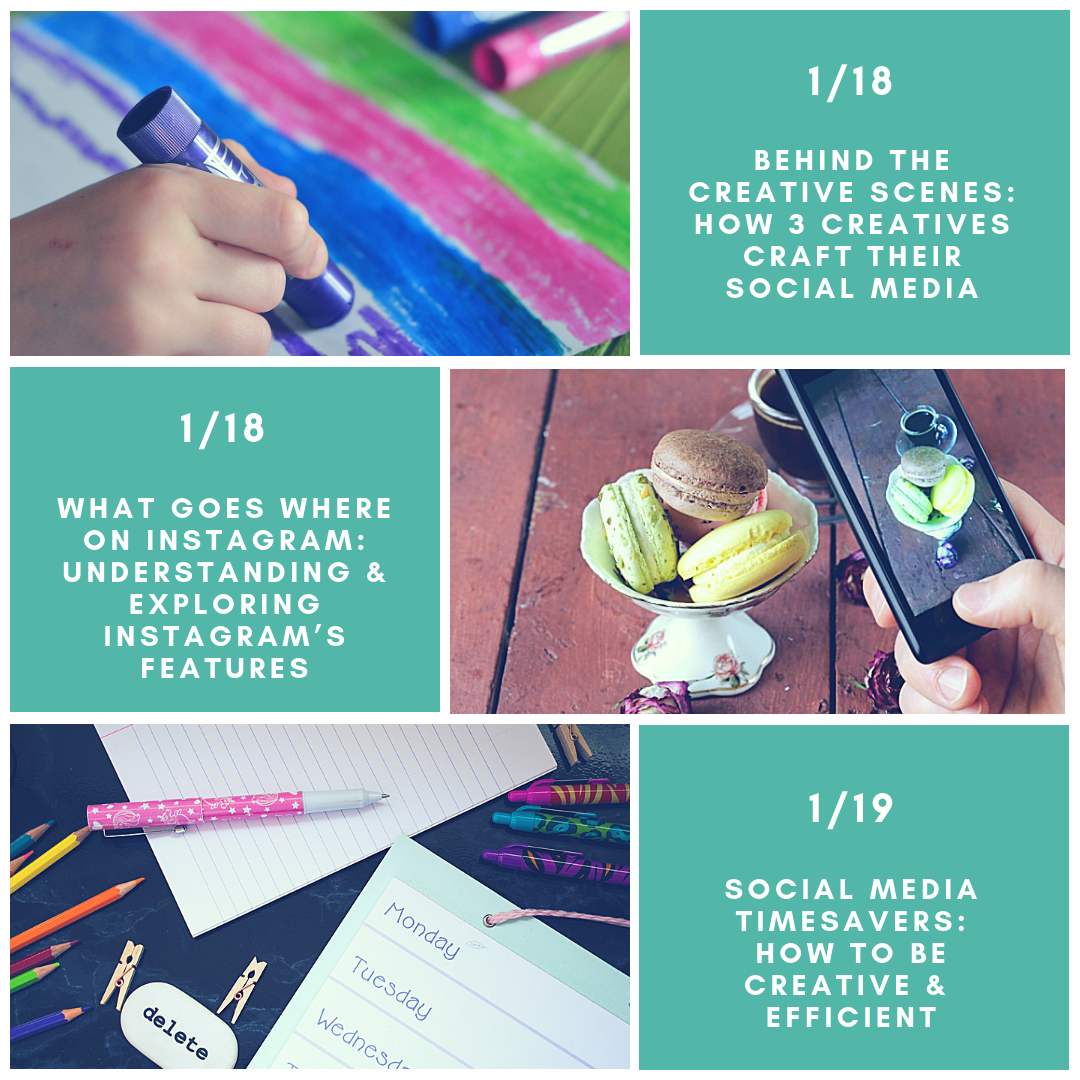 Boxes with creative pictures along with the dates and titles of sessions Funnel Cake Social Media will be hosting at this year's Creativation. 