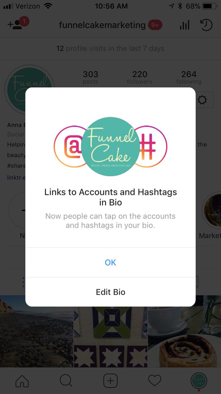 Screen shot of Funnelcake Social Media Instagram hashtag linking