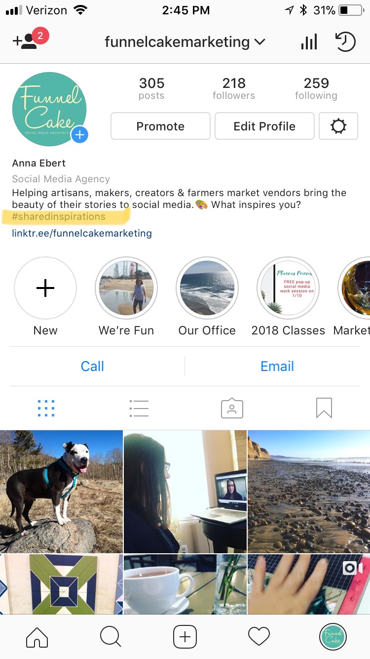 FunnelCake Social media Instagram screenshot of hashtag in bio.